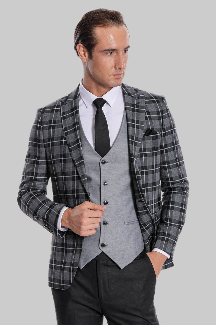 WSS Slim Fit Checked Black Men Suit  - Rancho Cucamonga