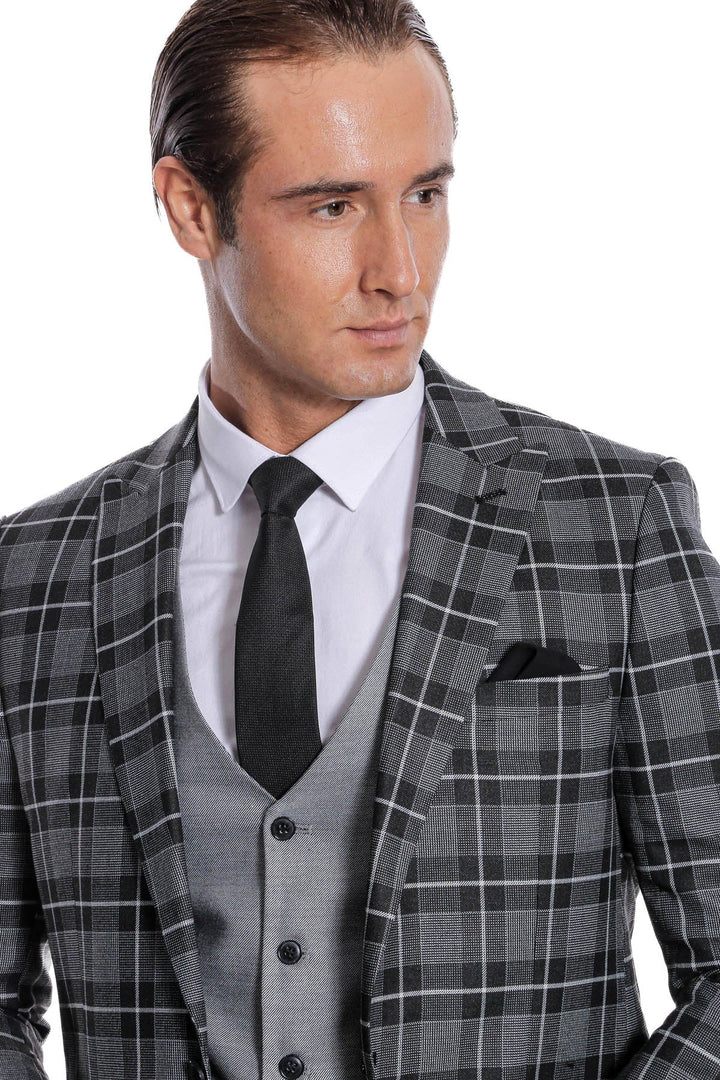 WSS Slim Fit Checked Black Men Suit  - Rancho Cucamonga
