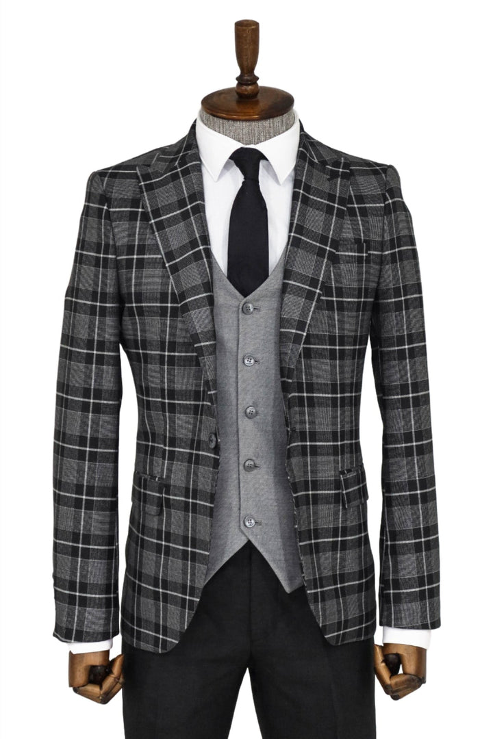 WSS Slim Fit Checked Black Men Suit and Shirt Combination  - Irún