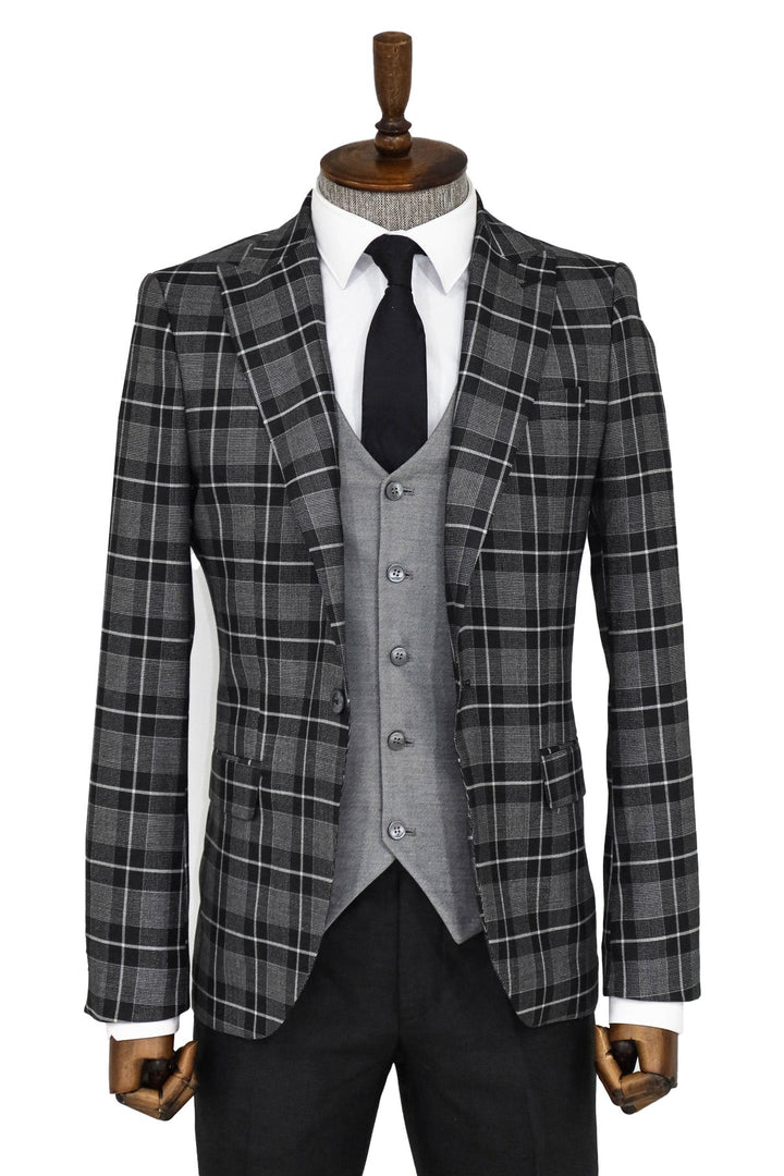 WSS Slim Fit Checked Black Men Suit and Shirt Combination  - Irún
