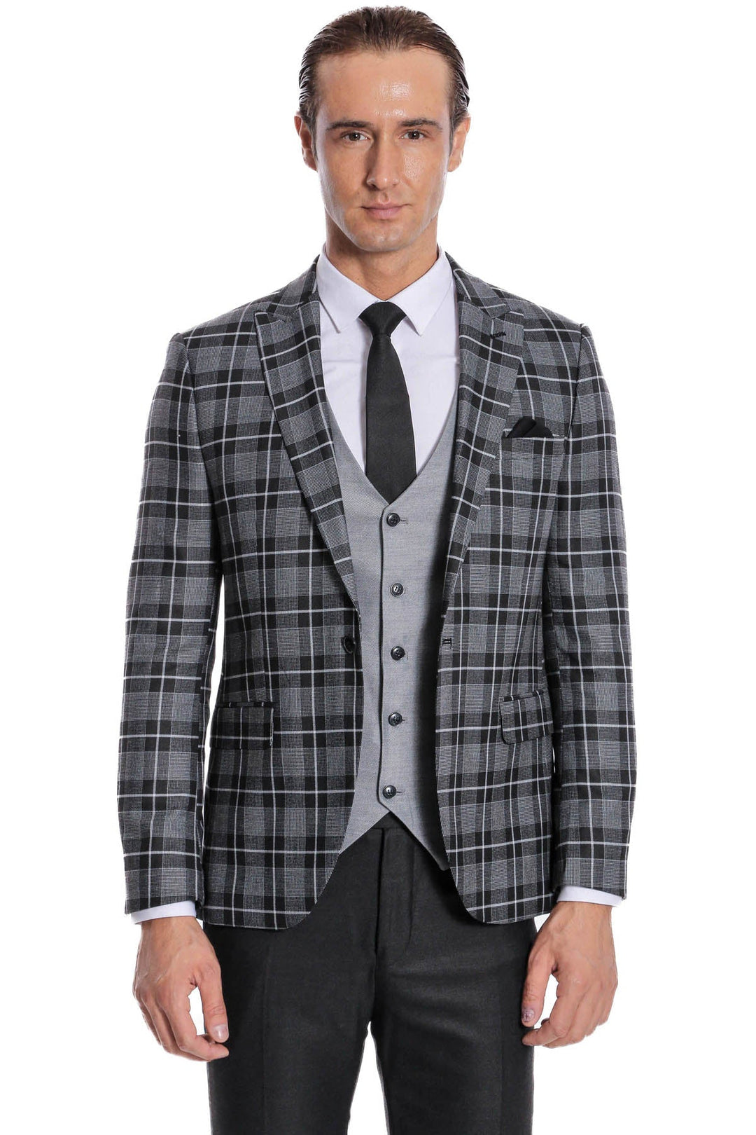 WSS Slim Fit Checked Black Men Suit  - Rancho Cucamonga