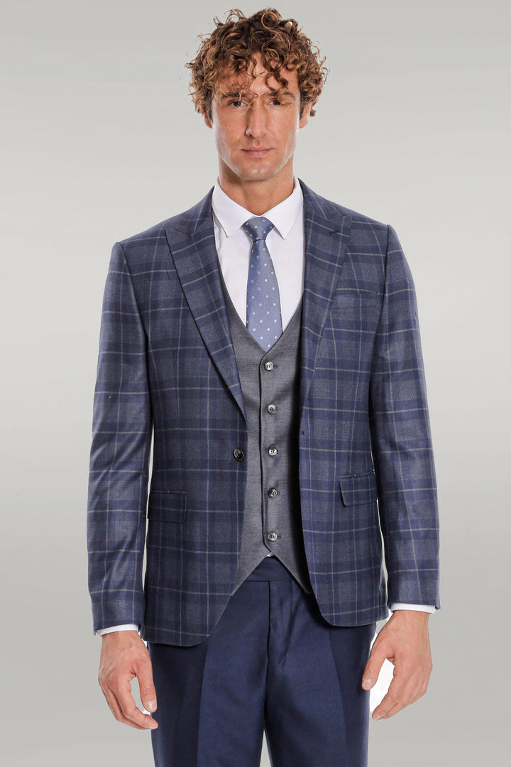 WSS Slim Fit Checked Navy Blue Men Suit  - Singen