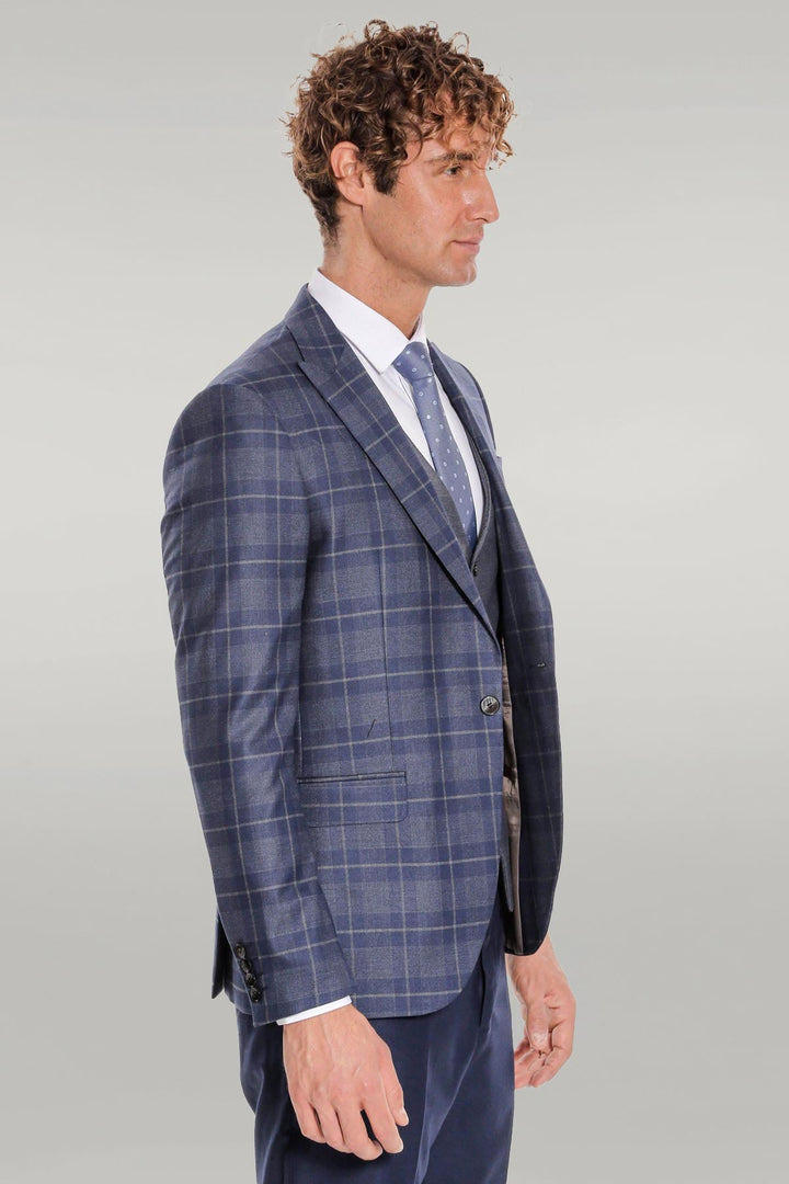 WSS Slim Fit Checked Navy Blue Men Suit  - Singen