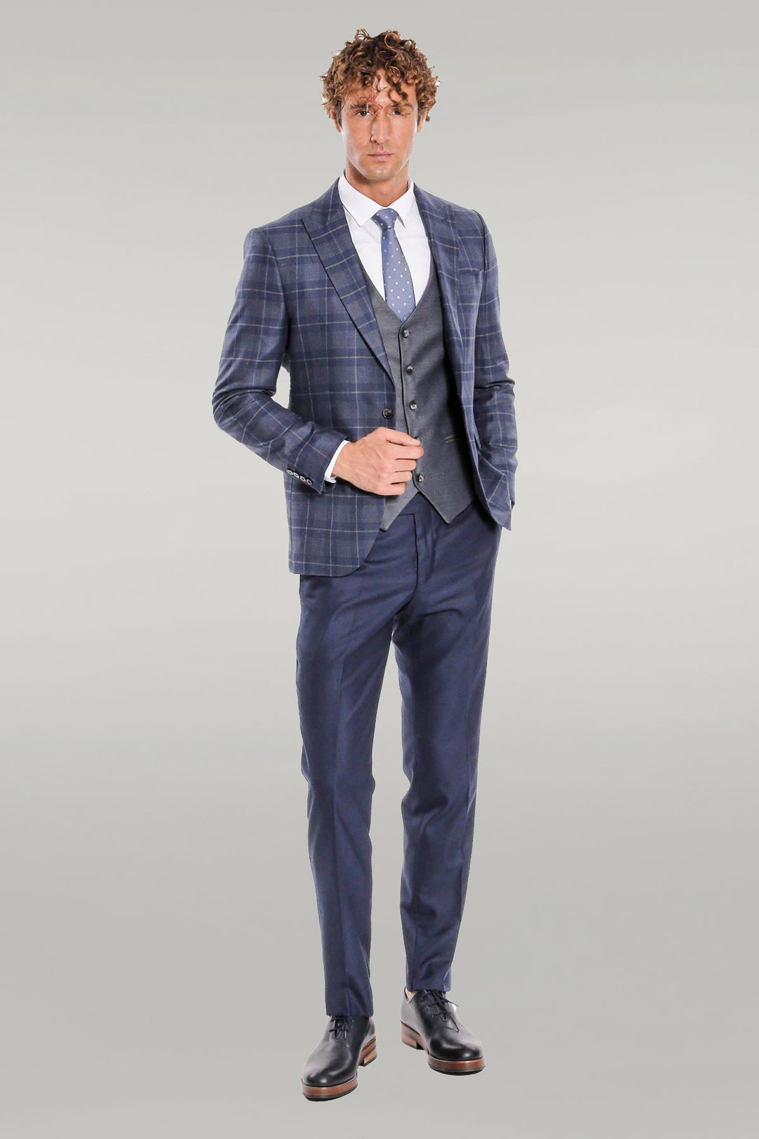 WSS Slim Fit Checked Navy Blue Men Suit  - Singen