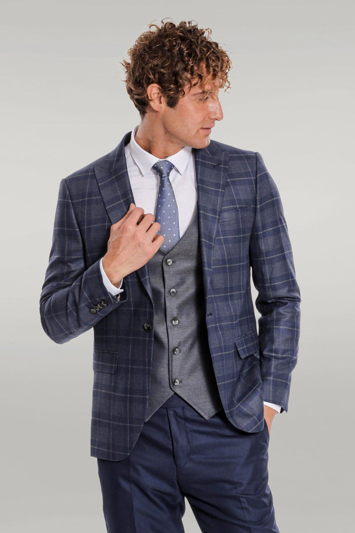 WSS Slim Fit Checked Navy Blue Men Suit  - Singen