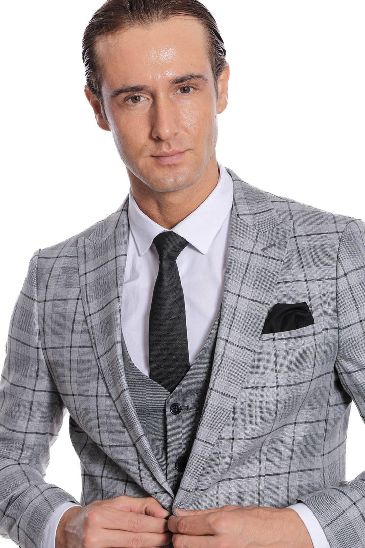 WSS Slim Fit Checked Grey Men Suit  - St. Albert