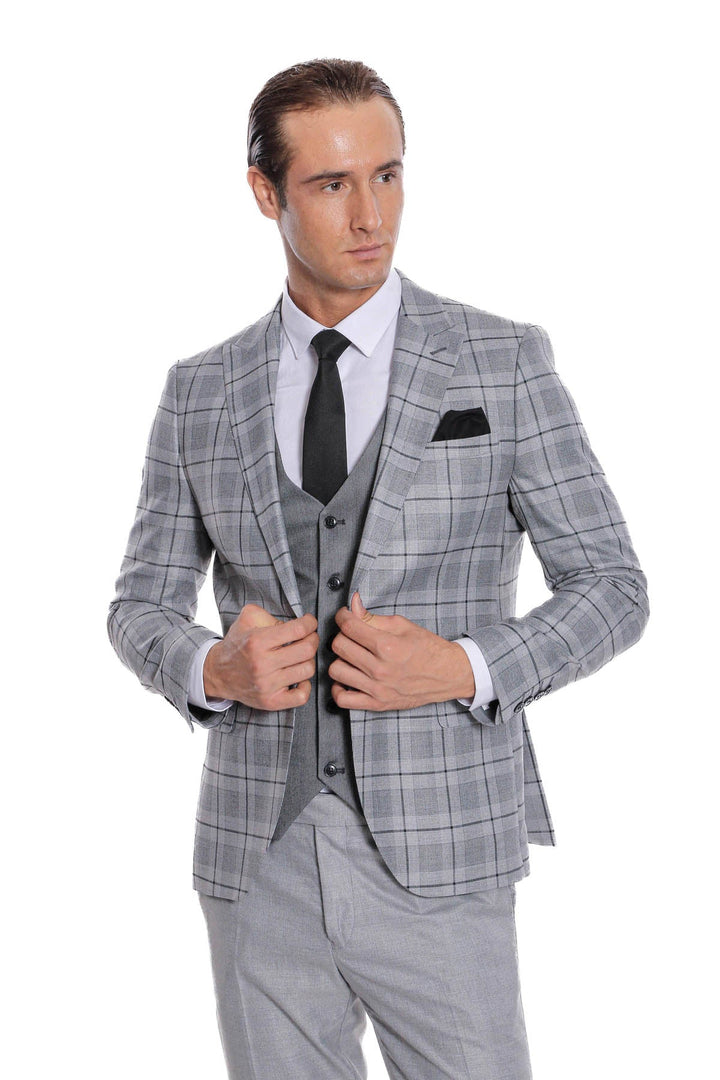 WSS Slim Fit Checked Grey Men Suit  - St. Albert