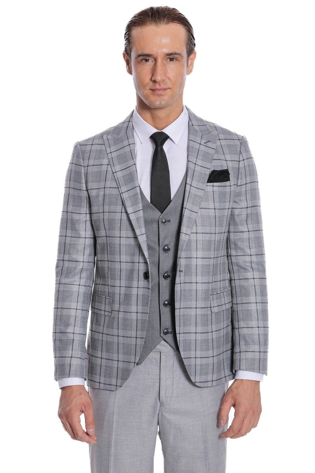 WSS Slim Fit Checked Grey Men Suit  - St. Albert
