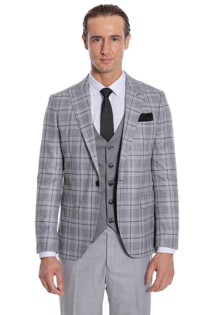 WSS Slim Fit Checked Grey Men Suit  - St. Albert