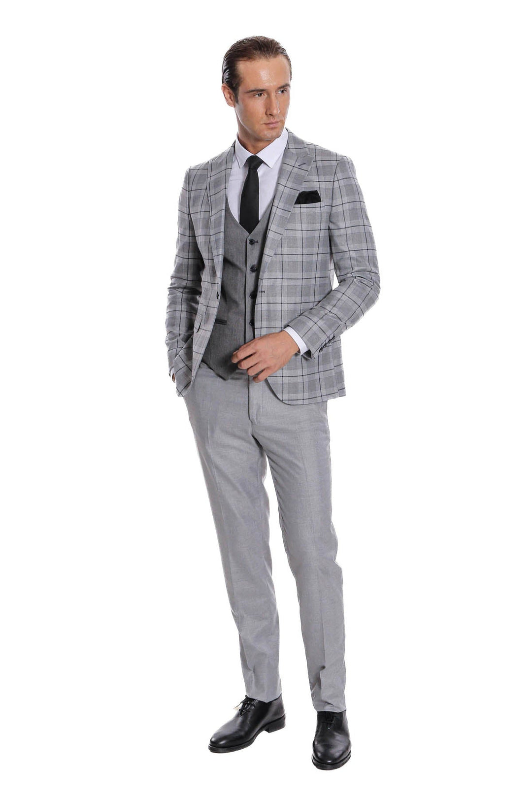WSS Slim Fit Checked Grey Men Suit  - St. Albert