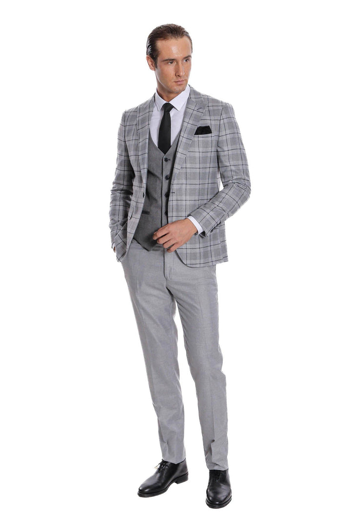 WSS Slim Fit Checked Grey Men Suit  - St. Albert
