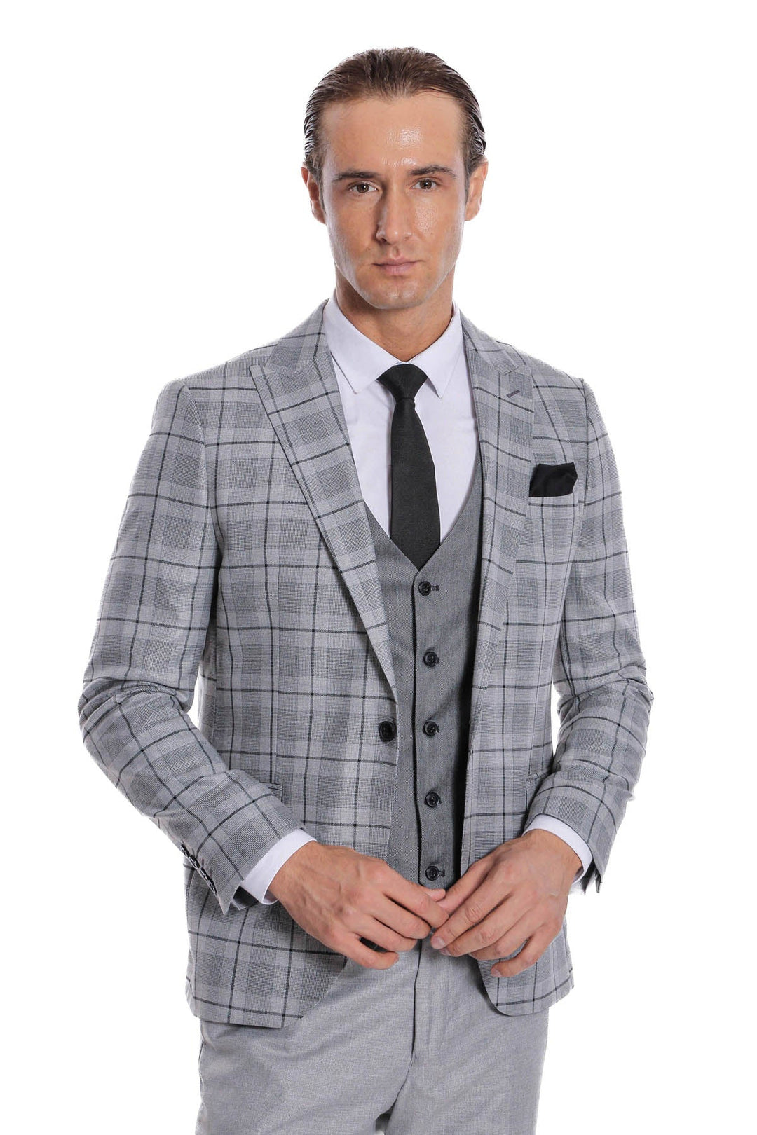 WSS Slim Fit Checked Grey Men Suit  - St. Albert