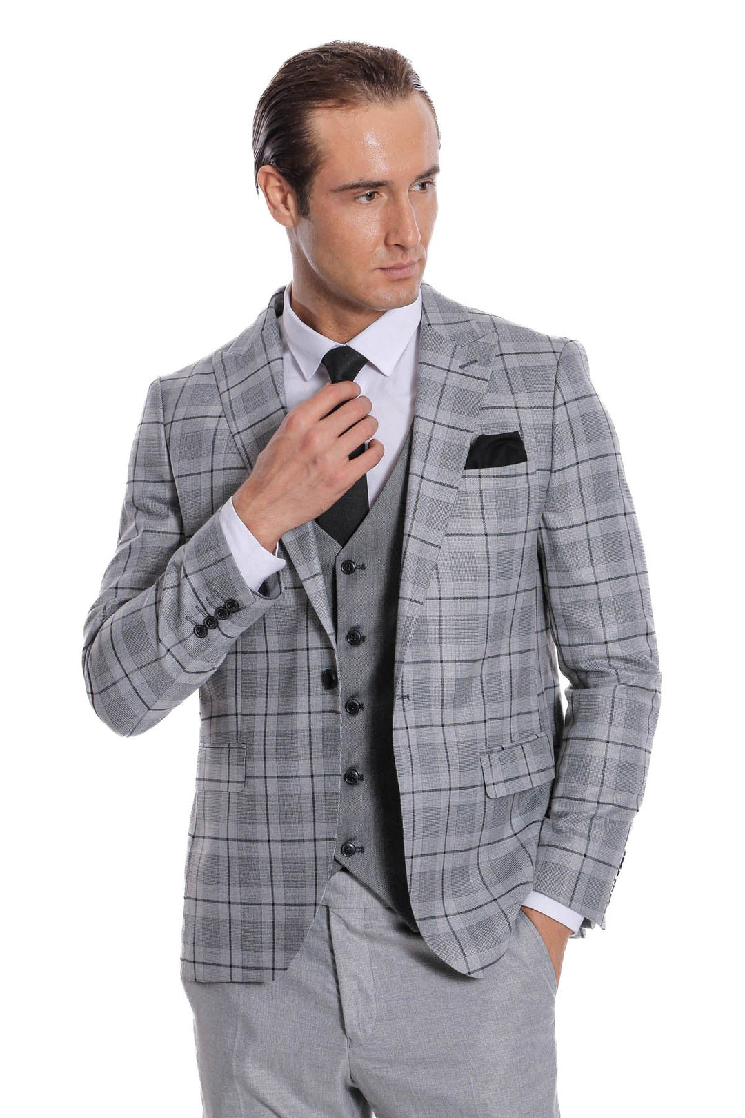WSS Slim Fit Checked Grey Men Suit  - St. Albert
