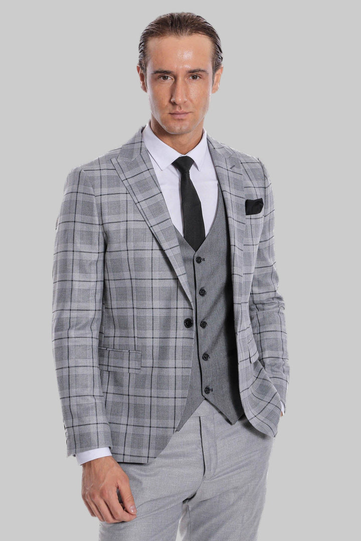 WSS Slim Fit Checked Grey Men Suit  - St. Albert