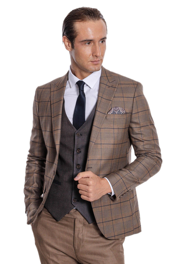 WSS Slim Fit Checked Brown Men Suit  - Oldenburg