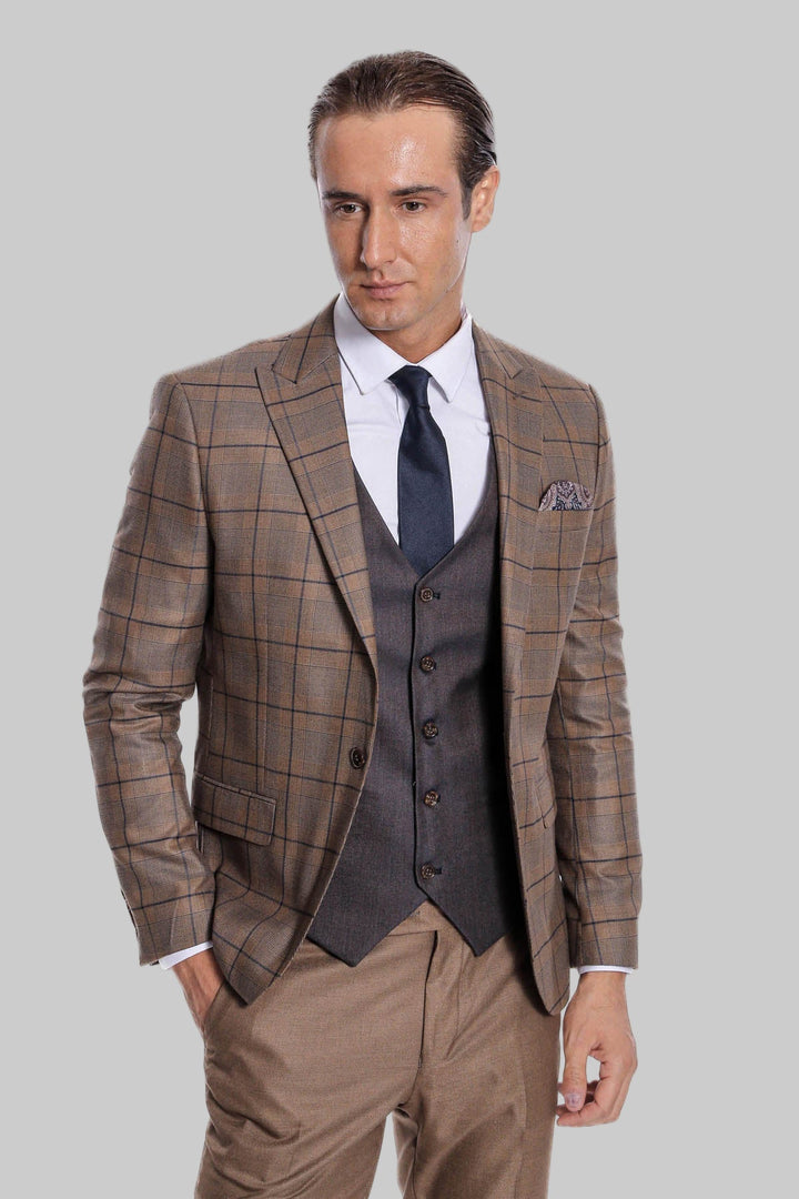 WSS Slim Fit Checked Brown Men Suit  - Oldenburg