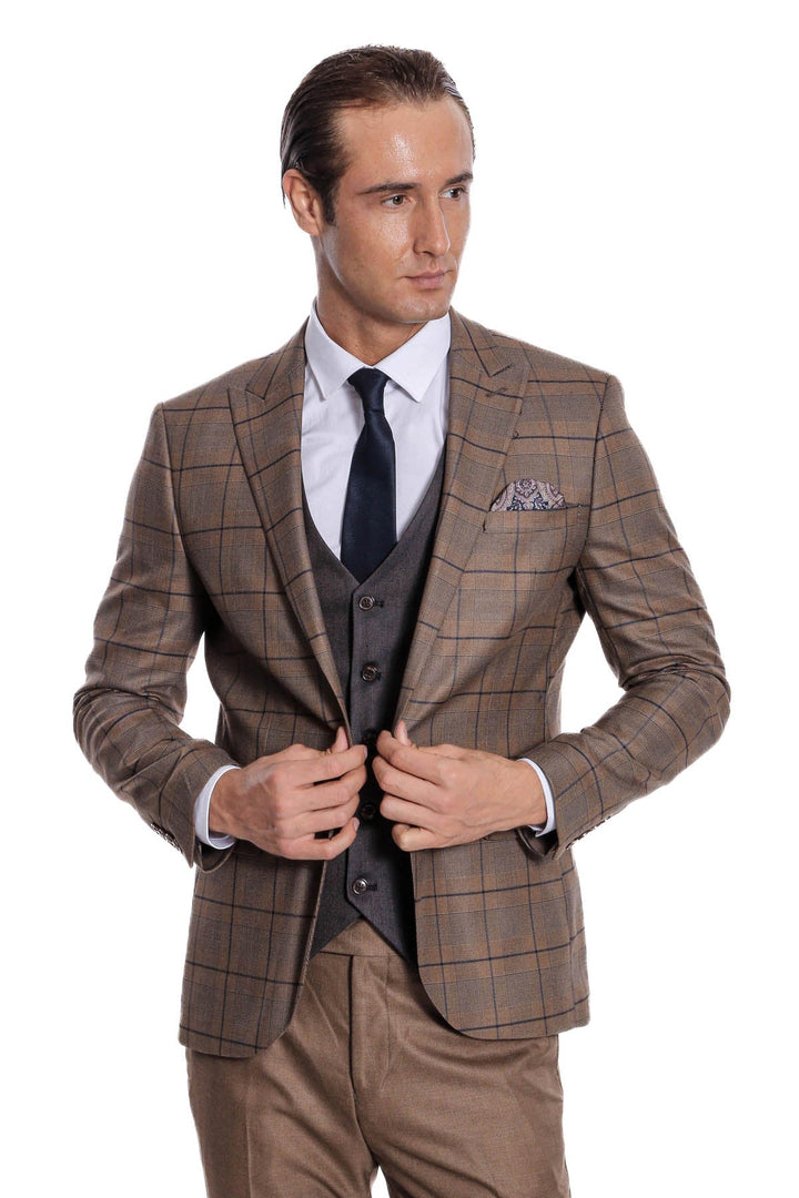 WSS Slim Fit Checked Brown Men Suit  - Oldenburg