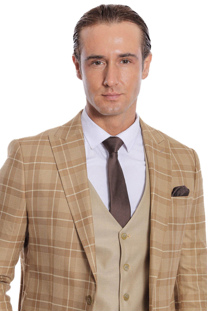 WSS Slim Fit Checked Beige Men Suit  - Alcantarilla