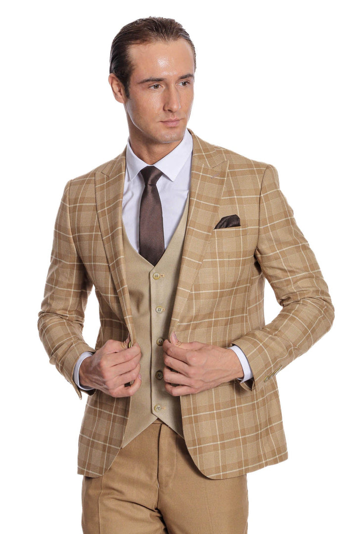 WSS Slim Fit Checked Beige Men Suit  - Alcantarilla