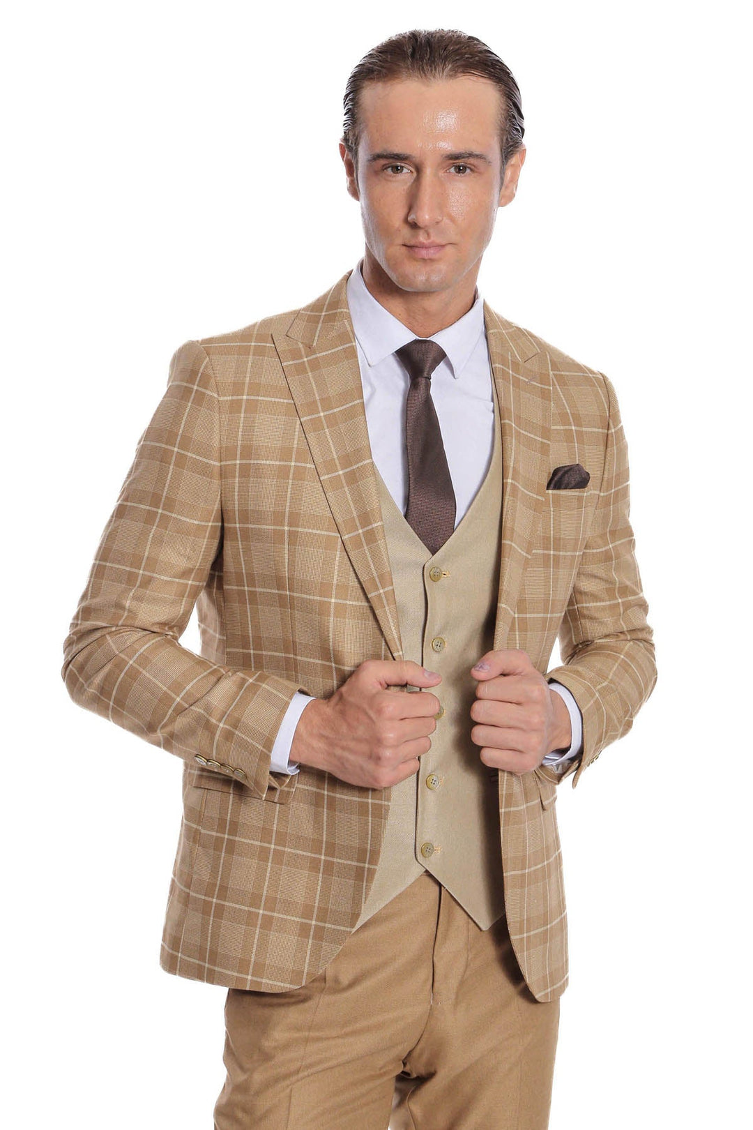 WSS Slim Fit Checked Beige Men Suit  - Alcantarilla