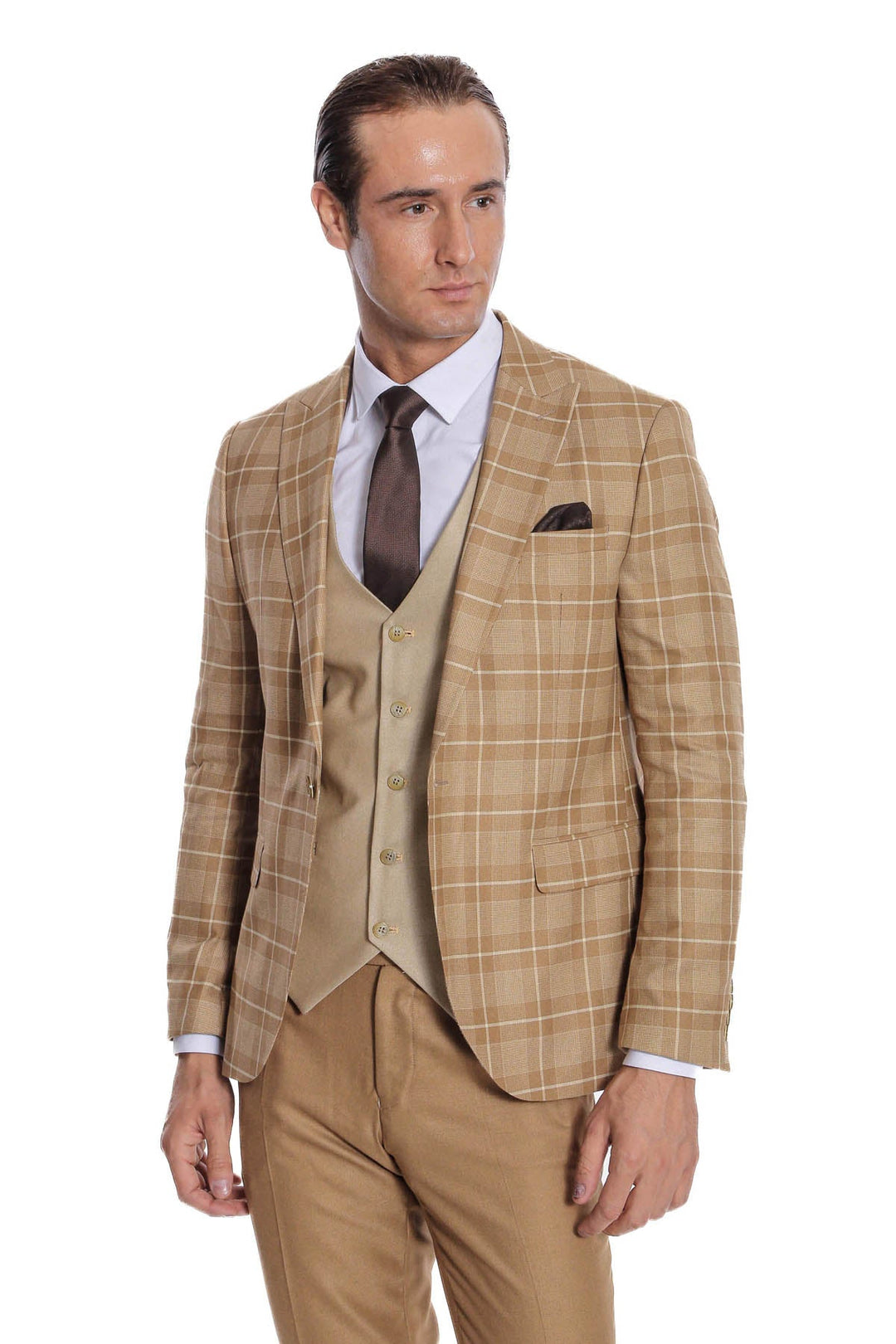 WSS Slim Fit Checked Beige Men Suit  - Alcantarilla