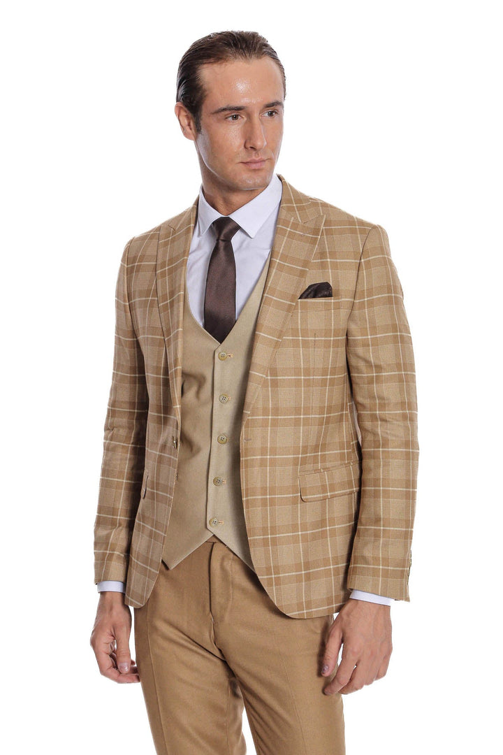 WSS Slim Fit Checked Beige Men Suit  - Alcantarilla