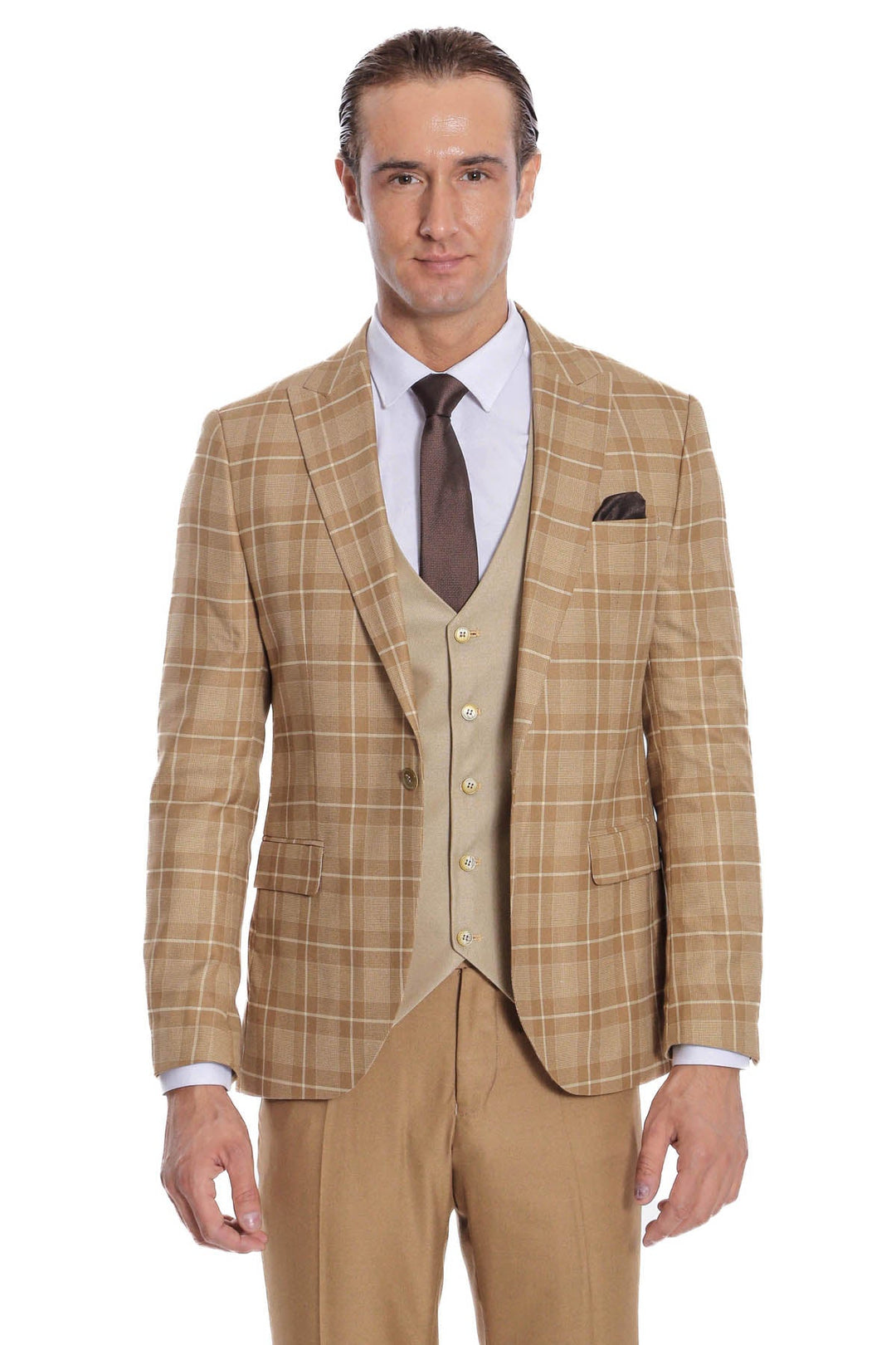 WSS Slim Fit Checked Beige Men Suit  - Alcantarilla