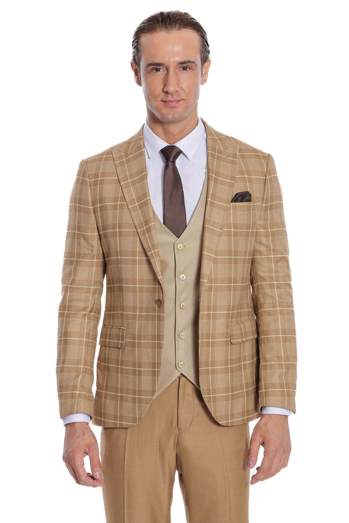 WSS Slim Fit Checked Beige Men Suit  - Alcantarilla