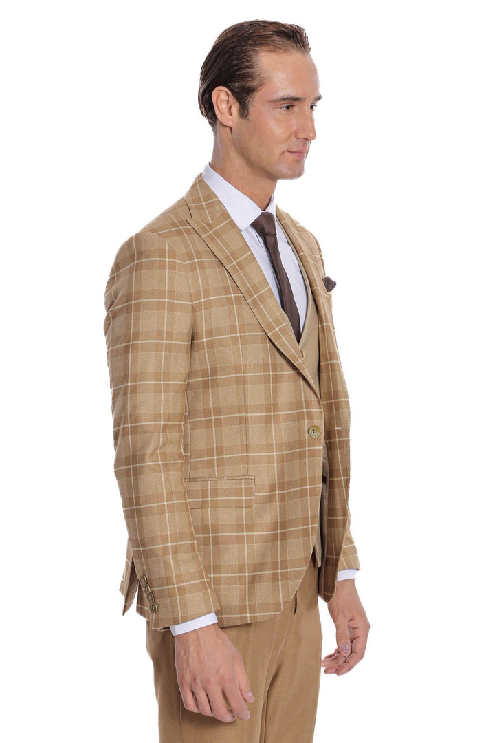 WSS Slim Fit Checked Beige Men Suit  - Alcantarilla