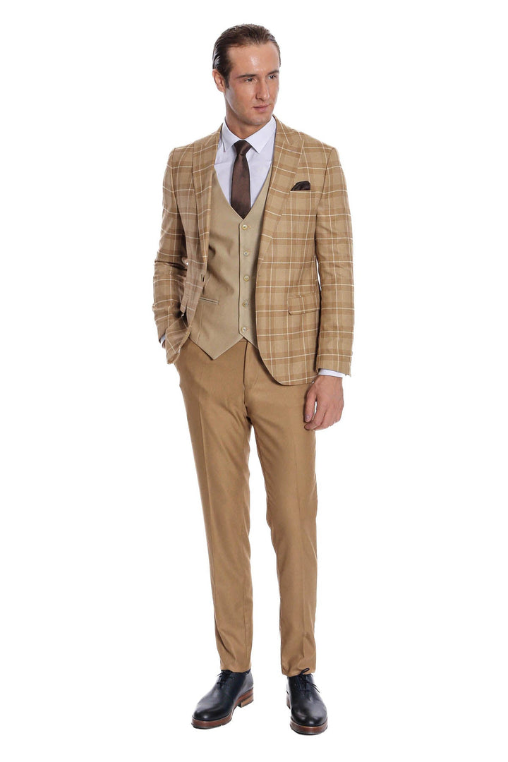 WSS Slim Fit Checked Beige Men Suit  - Alcantarilla