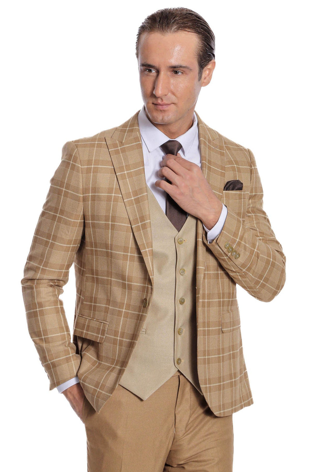 WSS Slim Fit Checked Beige Men Suit  - Alcantarilla