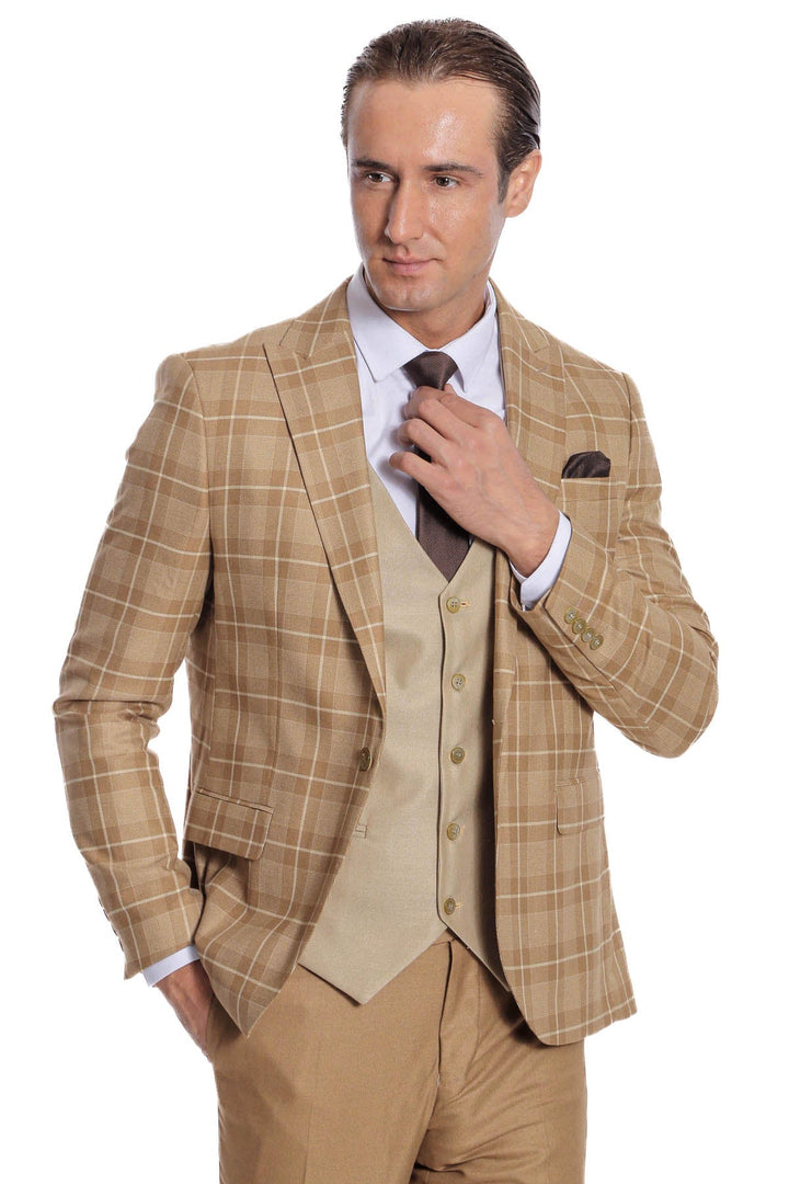 WSS Slim Fit Checked Beige Men Suit  - Alcantarilla