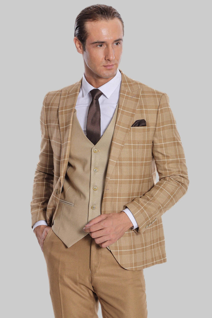 WSS Slim Fit Checked Beige Men Suit  - Alcantarilla