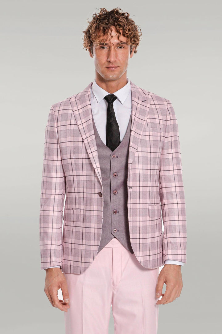 WSS Checked Slim Fit Pink Men Suit  - Singen