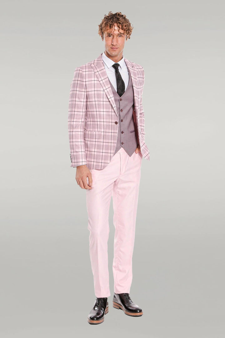 WSS Checked Slim Fit Pink Men Suit  - Singen
