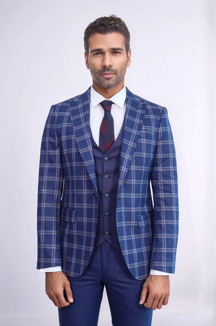 WSS Slim Fit Vested Peak Lapel Checked Navy Blue Men Combination Suit - Lancaster