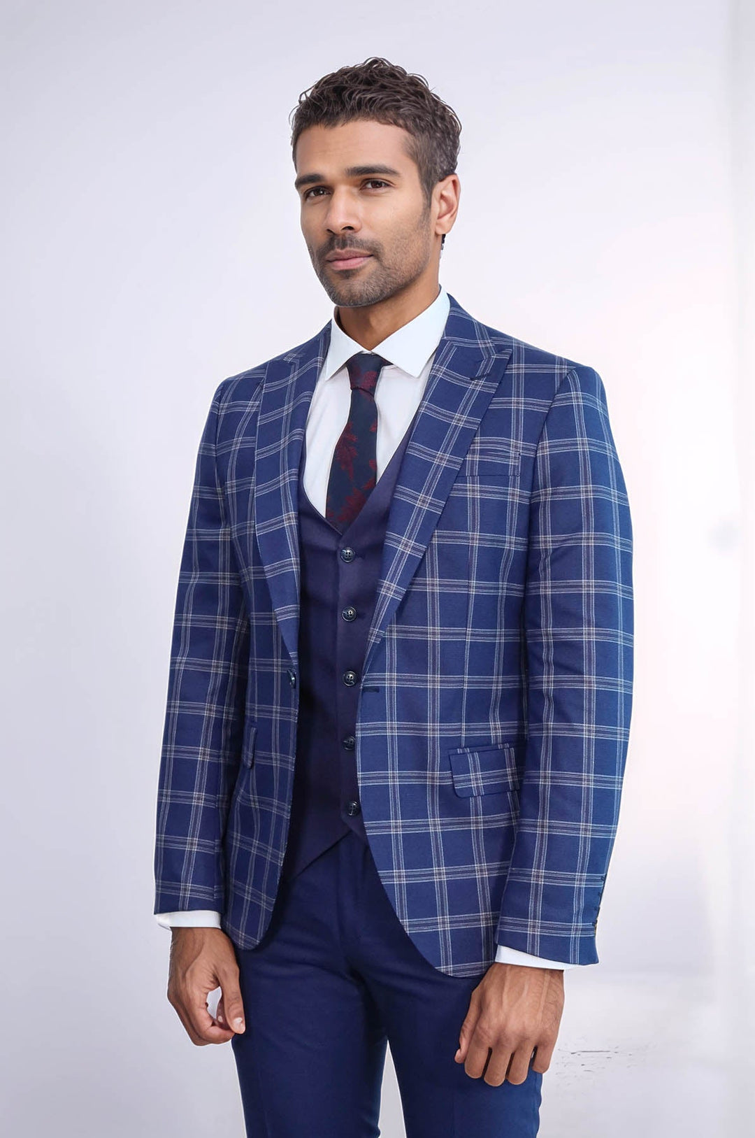 WSS Slim Fit Vested Peak Lapel Checked Navy Blue Men Combination Suit - Lancaster