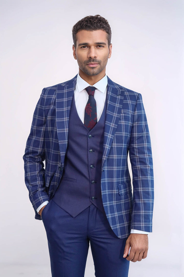 WSS Slim Fit Vested Peak Lapel Checked Navy Blue Men Combination Suit - Lancaster