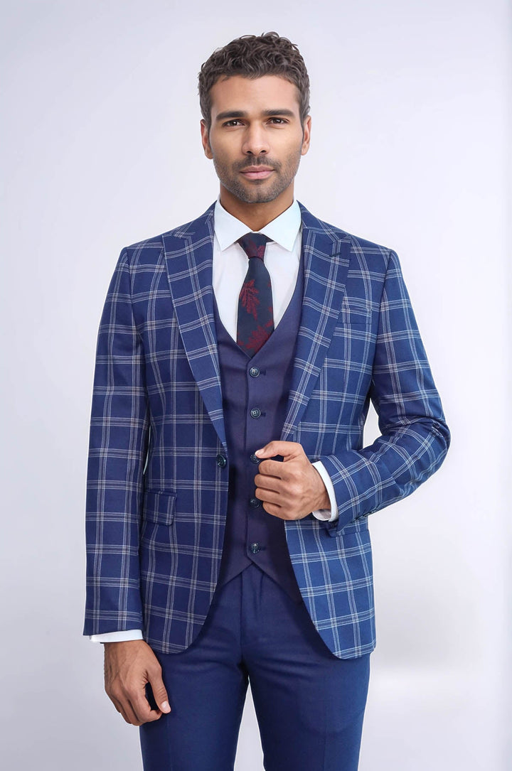 WSS Slim Fit Vested Peak Lapel Checked Navy Blue Men Combination Suit - Lancaster