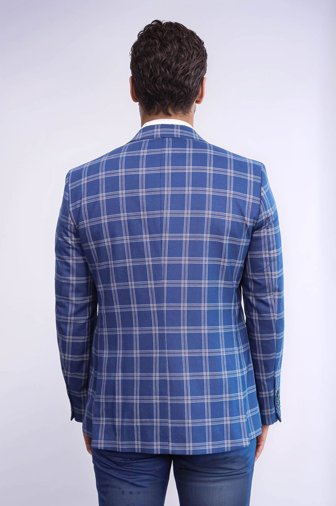 WSS Slim Fit Vested Peak Lapel Checked Navy Blue Men Combination Suit - Lancaster