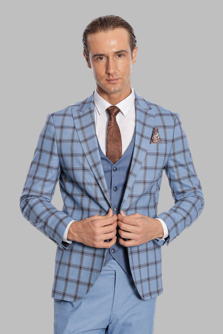 WSS Checked Patterned Slim Fit Blue Men Suit  - Tonbridge
