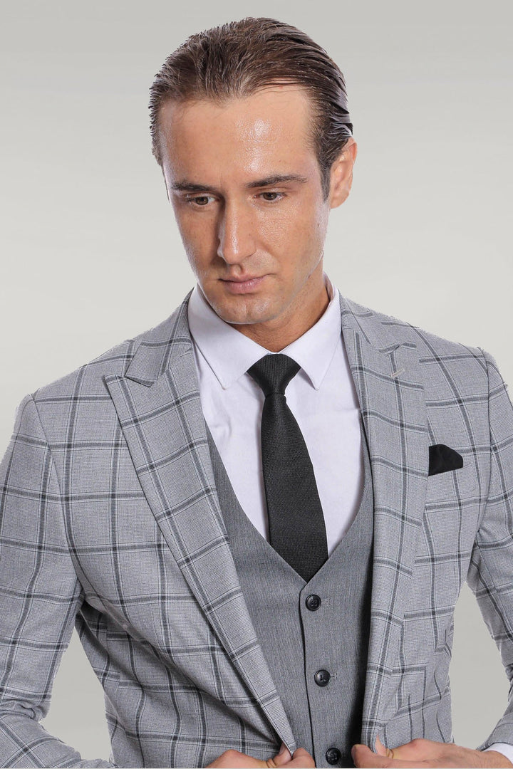 WSS Checked Patterned Slim Fit Grey Men Suit  - Singen