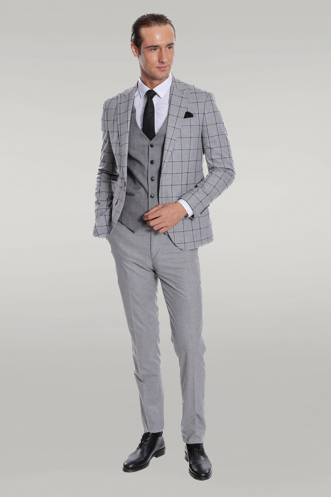 WSS Checked Patterned Slim Fit Grey Men Suit  - Singen