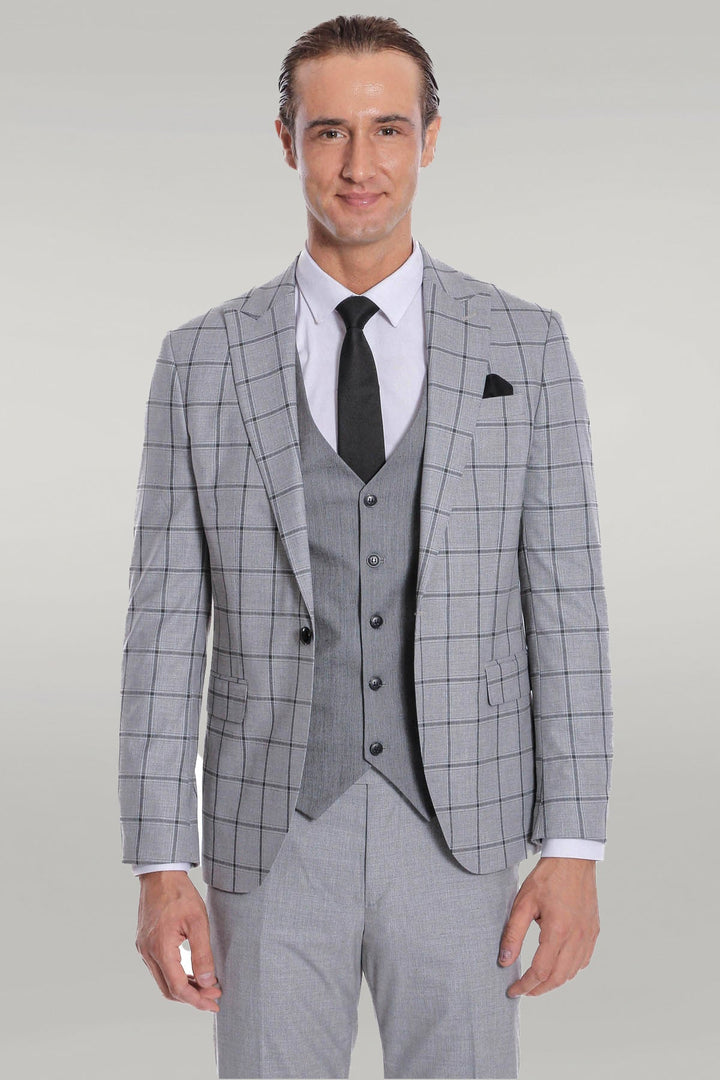 WSS Checked Patterned Slim Fit Grey Men Suit  - Singen