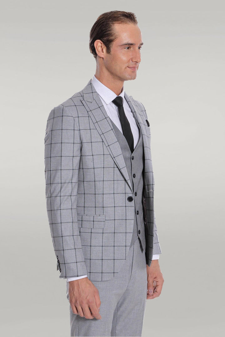 WSS Checked Patterned Slim Fit Grey Men Suit  - Singen