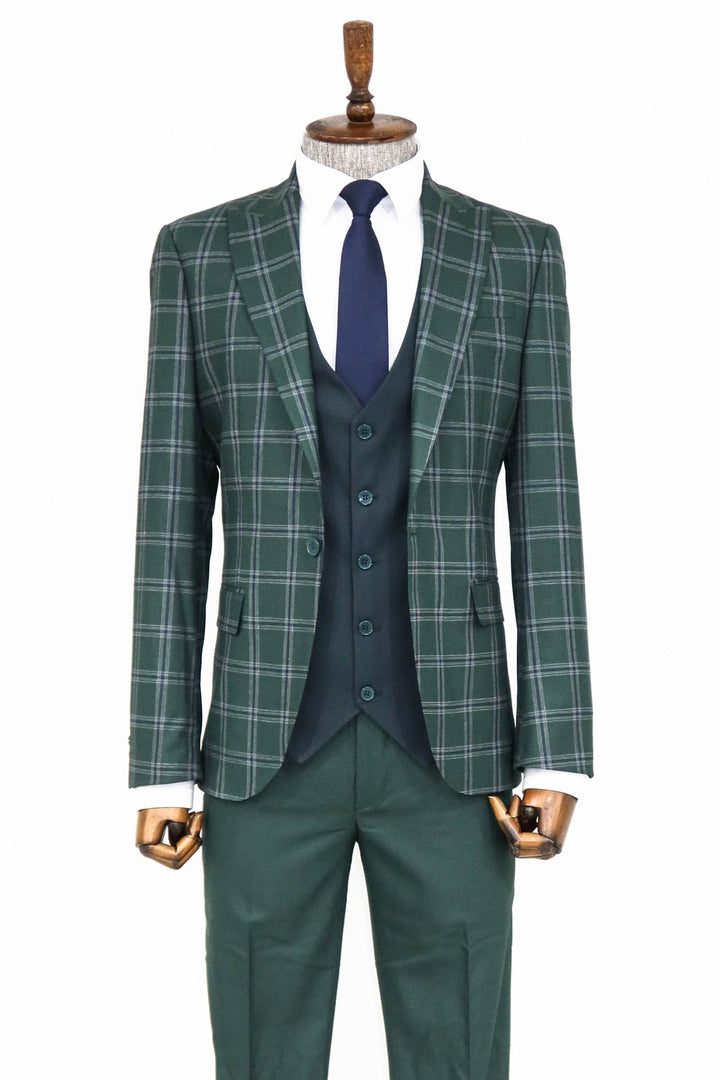 WSS Checked Patterned Slim Fit Green Men Suit and Shirt Combination  - Bloomington