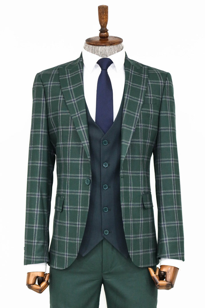 WSS Checked Patterned Slim Fit Green Men Suit and Shirt Combination  - Bloomington