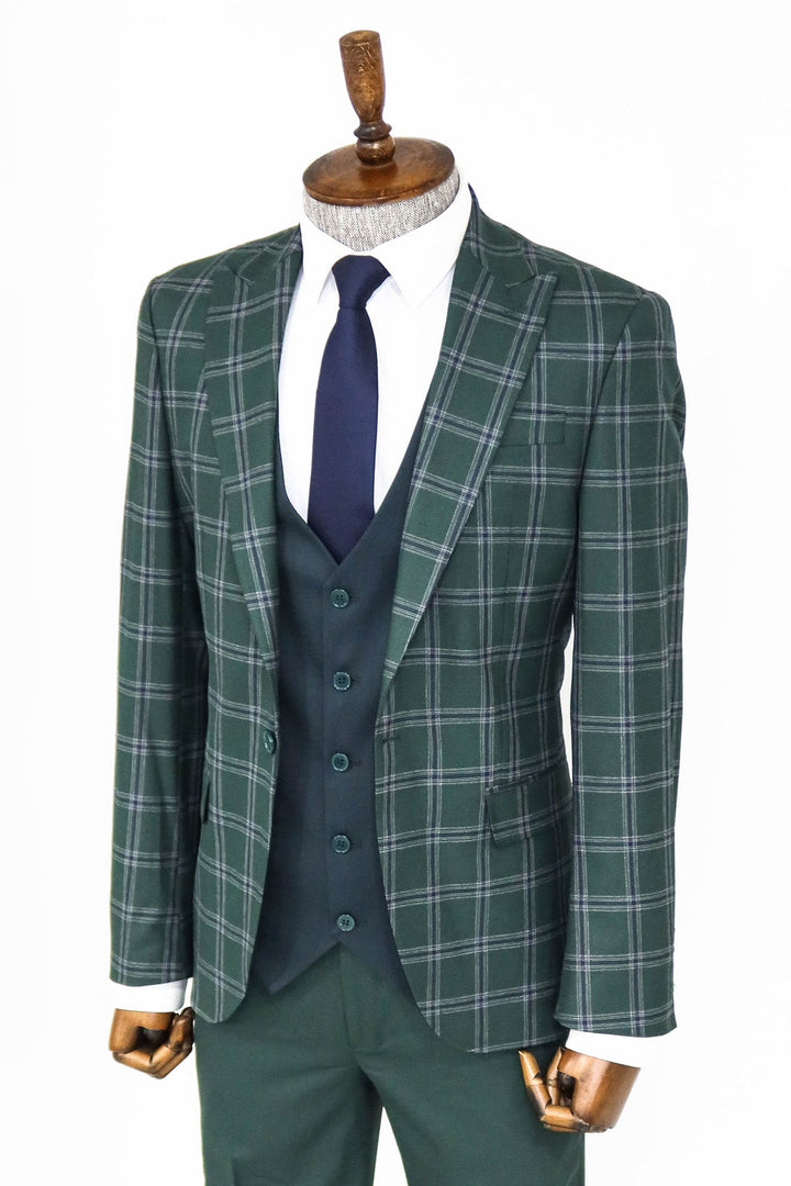 WSS Checked Patterned Slim Fit Green Men Suit and Shirt Combination  - Bloomington