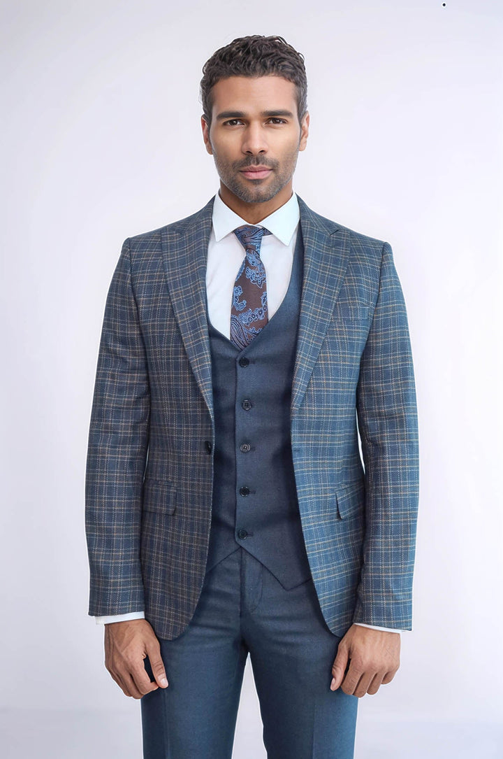 WSS Checked Slim Fit Blue Men Suit  - Commack