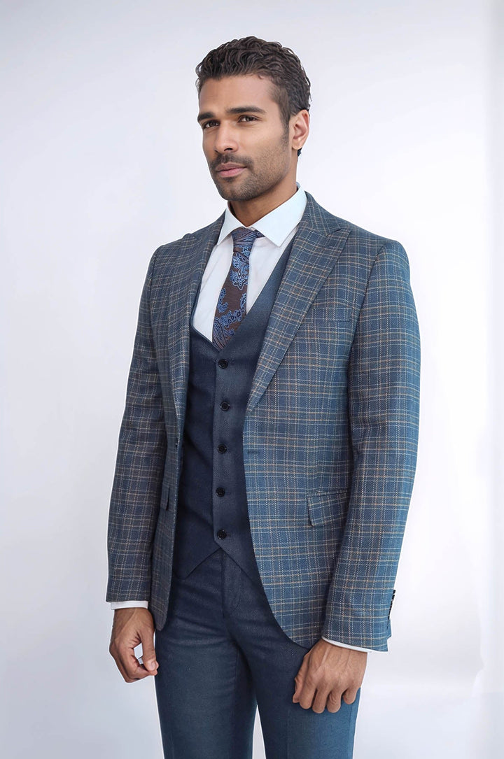 WSS Checked Slim Fit Blue Men Suit  - Commack